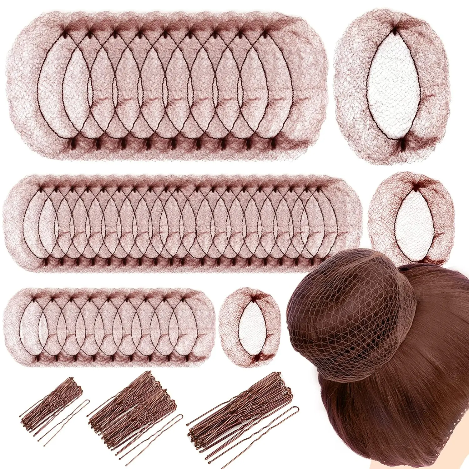 Teenitor Hair Nets and U-Pins Set - 40 Invisible Mesh Nets with Elastic Edge, 80 U-Shaped Pins for Ballet Buns, Sleeping, Wigs (Light Linen) Haircare Heatless A-Brown