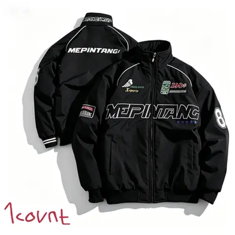 Men's Vintage Fitted Retro Racing Bomber Coat - Graphic Print, Letter Patches, Stand Collar, Fleece Fabric, Long Sleeves, Warm, Stylish Menswear for Casual Streetwear Clothing