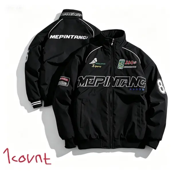 Men's Vintage Fitted Retro Racing Bomber Coat - Graphic Print, Letter Patches, Stand Collar, Fleece Fabric, Long Sleeves, Warm, Stylish Menswear for Casual Streetwear Clothing