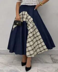 Women's Casual A-Line Denim Midi Skirt - Patchwork, Plaid Panel, Polyester Blend, Flattering Fit, Stylish Women's Bottom Clothes