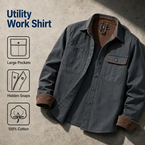 Zaitun Mensfashion Men's Washed Cotton 2-Pocket Long-Sleeve Work Snap-Button Up Solid Shirt