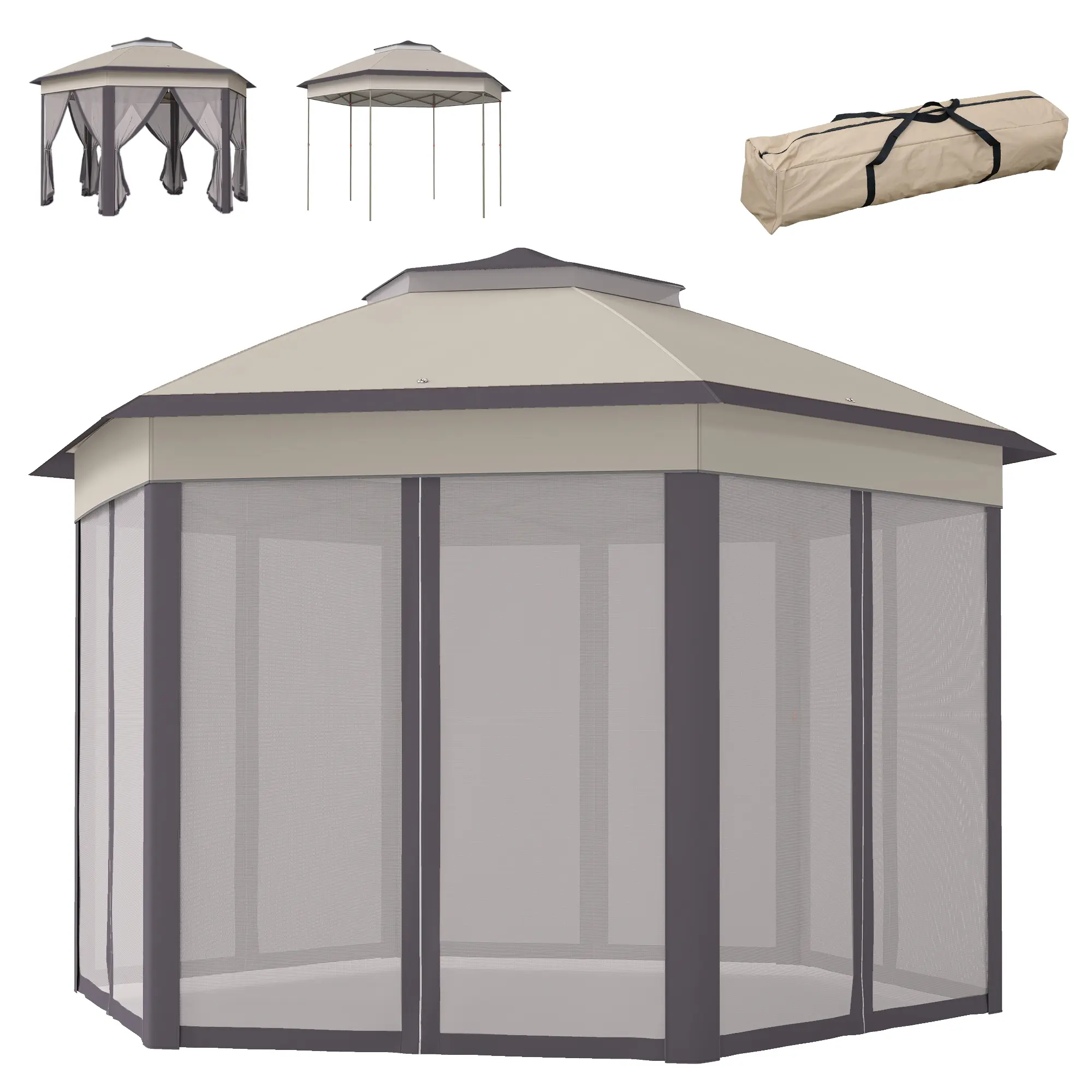 13' x 13' Pop Up Gazebo Hexagonal Canopy Shelter with 6 Zippered Mesh Netting for Patio Backyard Garden Wedding Party