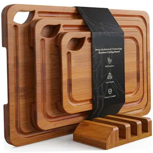 Deep-Carbonized Bamboo Cutting Boards for Kitchen with Wood Storage Stand, Reversible Charcuterie & Chopping Boards with Juice Grooves and Easy-Grip Handles, Knife-Friendly, Kitchen Gift