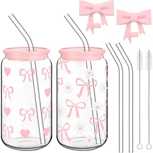 Set of 2  Bow Glass Cup 16oz Pink Glass Cup with Lids and Straws  Pink Bow  Straw Toppers Lids Protectors 2 Brush for Drinking Coffee Boba  (Heart)