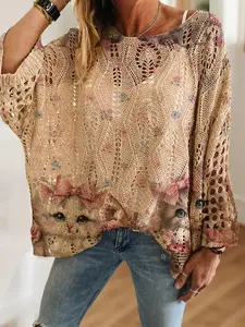 Women's Garden Style Butterfly Knot Cat Rose Floral Print Knit Top, Casual Elegant Vacation Sweater, Loose Fit Batwing Shoulder Design
