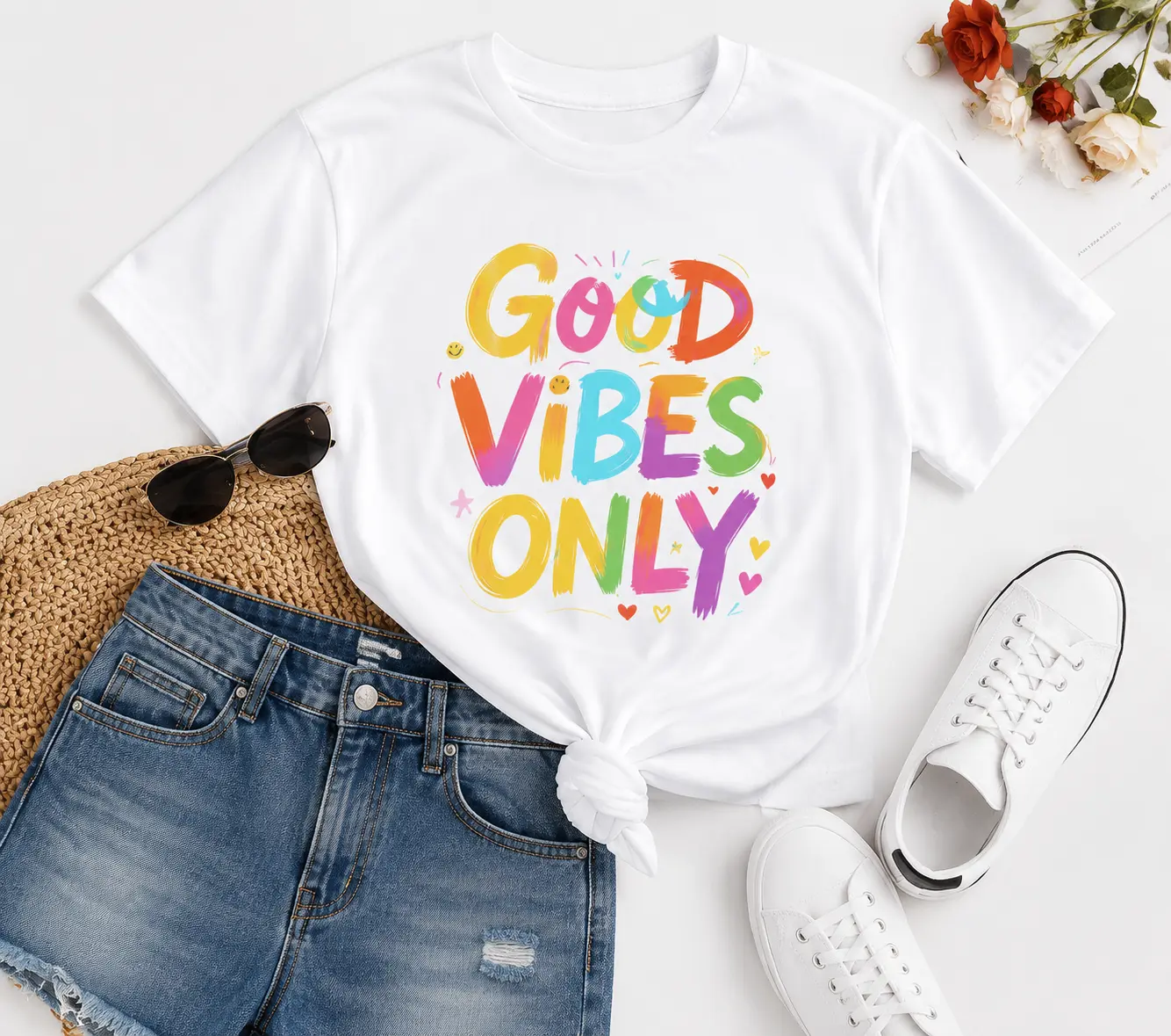 Women Good Vibes Only Graphic T Shirt Colorful Letter Print Short Sleeve Tee Casual Crew Neck Loose Fit Summer Top Trendy Streetwear Shirt for Women Everyday Wear S-6XL