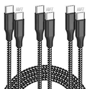 USB C to USB C Cable, 3 Pack 10FT 60W Type C Nylon Braided Charger Cord Fast Charging for iPhone 17 16 15 Series iPad MacBook CarPlay and More (Black)