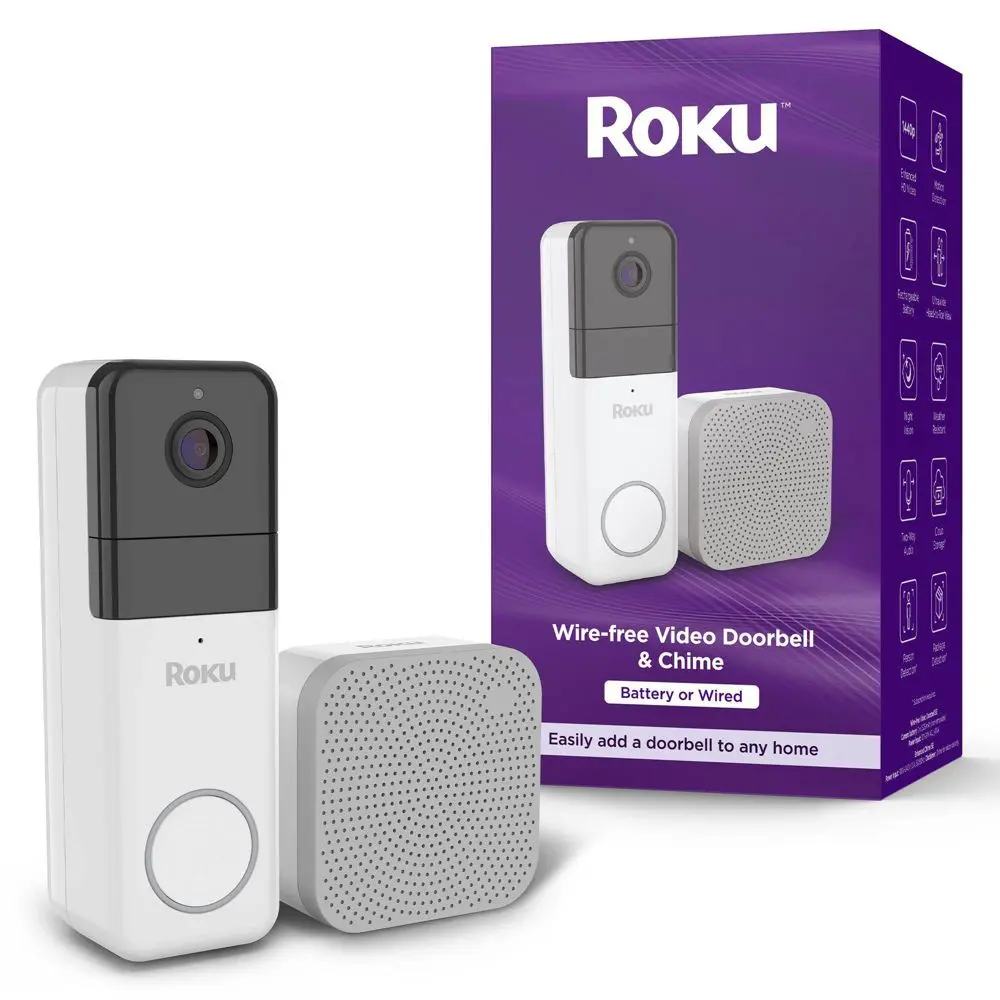 Roku Wire-free Video Doorbell & Chime with Motion & Sound Detection Remote Monitoring 1440p HD Night Vision
