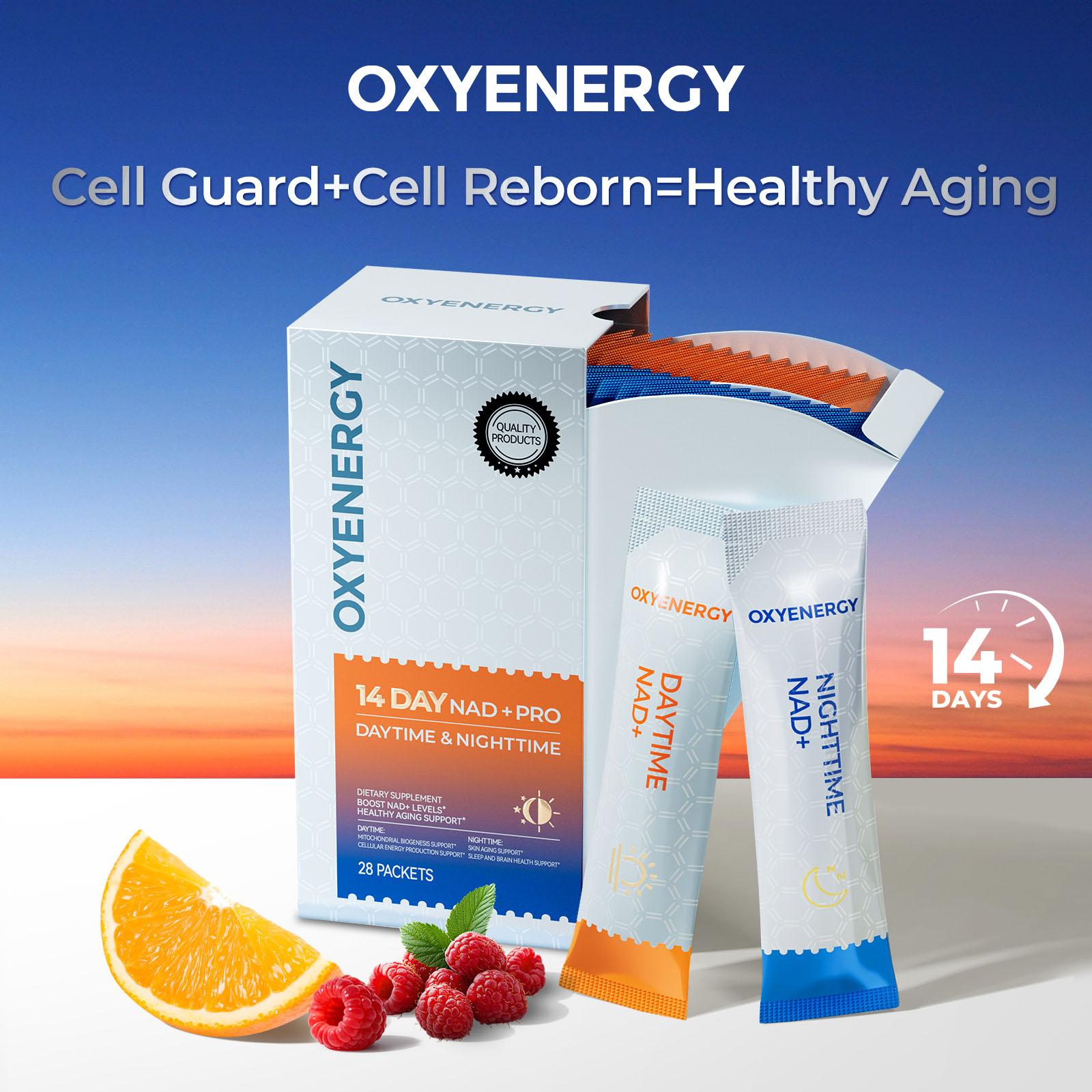 OXYENERGY  14-Day NAD+ PRO 24/7 Anti-Aging –  Day & Night Cellular Powder Activation | NR + PQQ | L-Ergothioneine+Spermidine | Beet Root | Boost Energy, Sleep, Skin, Brain & Longevity，Teasty Natural Orange and Berry Flavor,28 Packets,summerwins