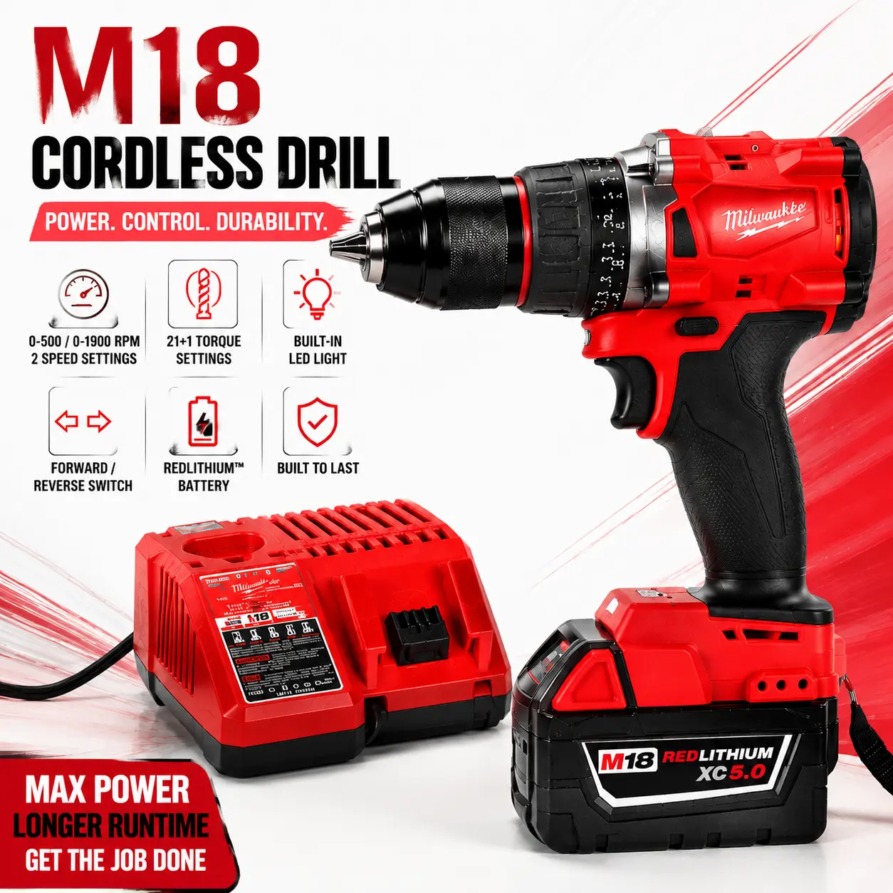 []Milwaukee Red Cordless Drill Set, Powerful Drilling & Screwdriving Tool, Durable Metal & ABS Housing, High Torque Performance with Compact Design, Heavy Duty Power Tool Kit, DIY Home Improvement Garage Workshop Construction Use