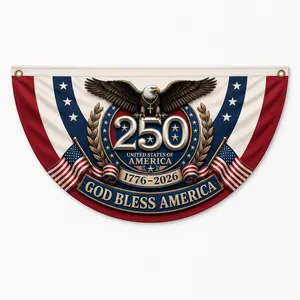(1 Piece Only) God Bless America 250 Semicircular Flag Patriotic Eagle United States 1776 2026 Porch Railing Fence Decor for July 4 Independence Day We provide 2 grommet holes for this product.