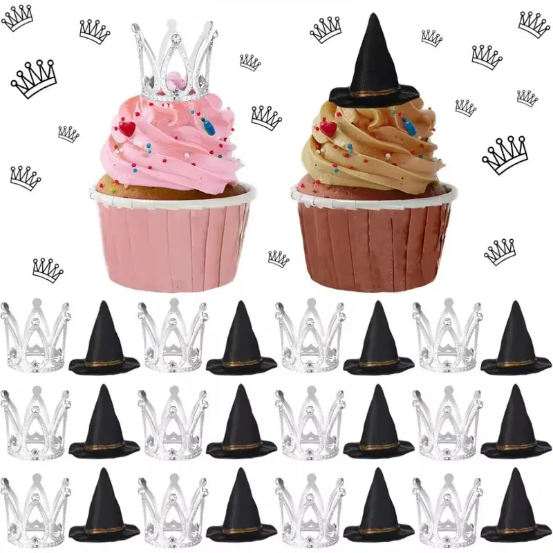 24pcs Cupcake Toppers Witch Hat Crown Cupcake Toppers Witch Theme Party Birthday Decorations Mini Wizard Hats Silvery Crown Cake Topper Decor Princess Cake Accessories for Birthday Party Christmas Supplies