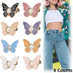 8 Counts Pant Waist Tightener, Detachable Butterfly Jean Buttons Pant Waist Tightener for Loose Jeans, Adjustable Waist Buckle Sets No Sew and No Tools Decorative Waist Buckles, Jean Buttons Pins, Boho Buttons