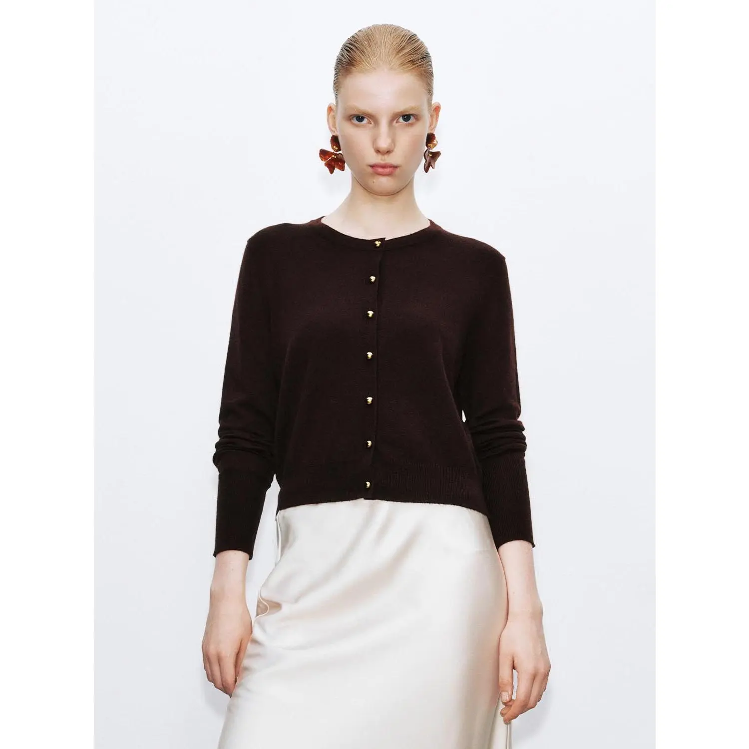 Women's Fitted Knit Cardigan - Knitwear, Amber Shimmer Casual Long Sleeve Round Neck Button-Front Top for Spring, Longsleeves, Elegant, Casual Wear, Polyester Mix, Medium Length, Acrylic, Fabric, Style, Polyester Blend, Long Sleeves, Polyamide