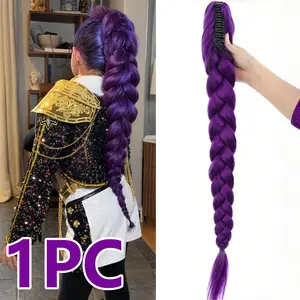 Purple Twisted Braid Ponytail Wig, Featuring a Clip-on Design, Can Be Quickly Attached to Your Own Hair to Create a Unique Braided Hairstyle, Synthetic braided wigs