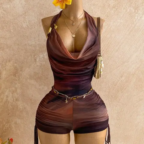 Women's Vintage Gradient Print Mesh Metal Decor Ruched Deep V Bohemian Romper for Party, Holiday, Music Festival