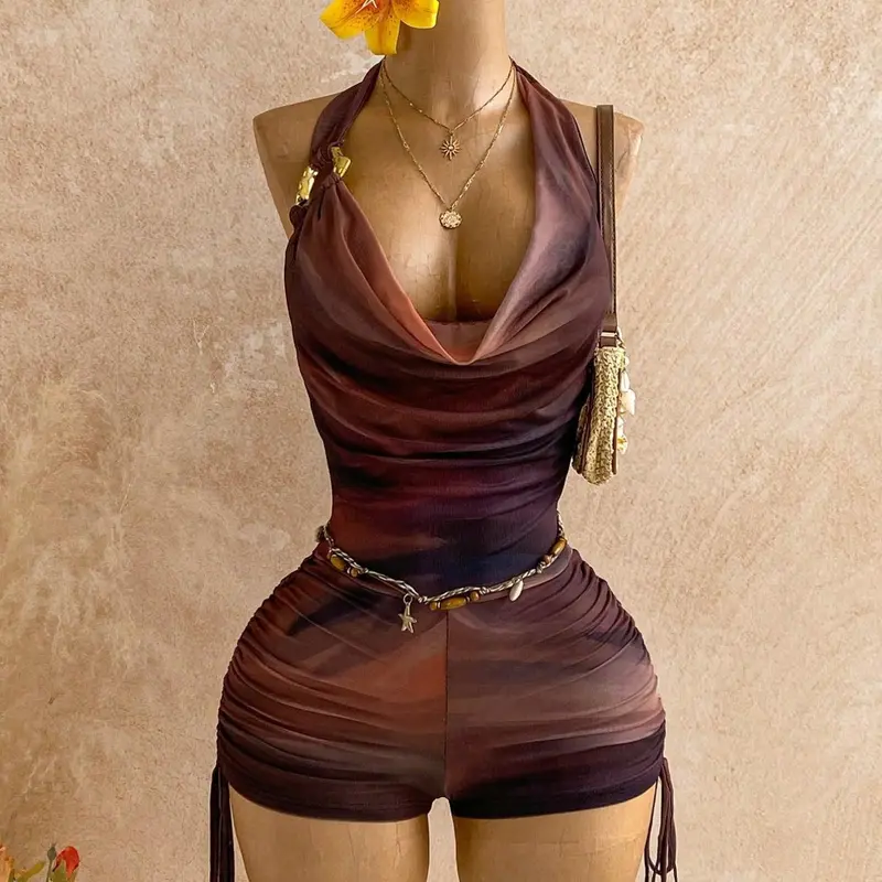 Women's Vintage Gradient Print Mesh Metal Decor Ruched Deep V Bohemian Romper for Party, Holiday, Music Festival