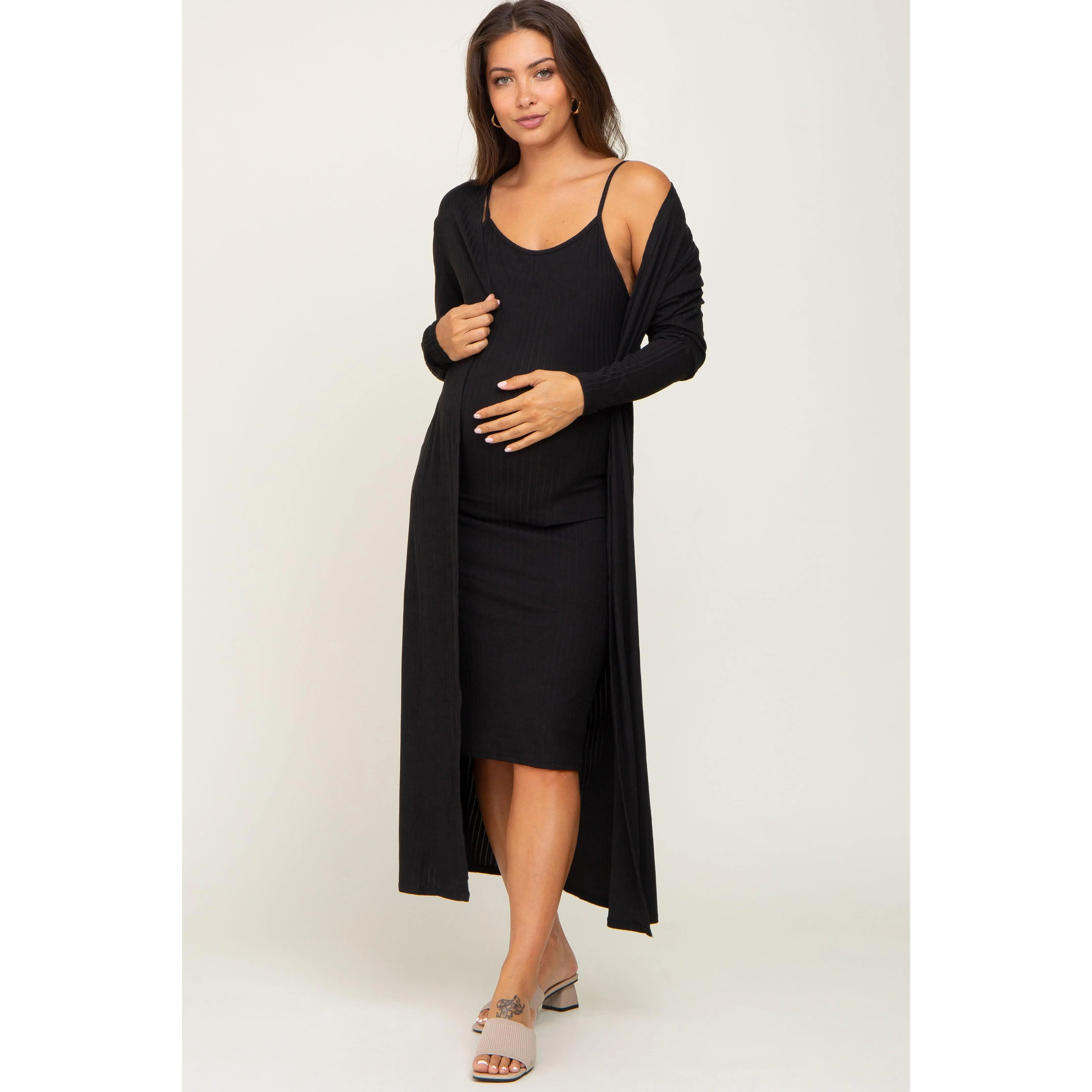 Black Ribbed Cardigan 2 Piece Maternity Set