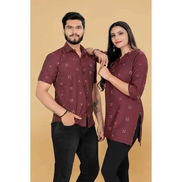 FANCY LINEN COLORFUL THREAD WEAVING WORK TUNIC TOP AND SHORT KURTA COUPLE COMBO MAROON IN SIZE XL SET