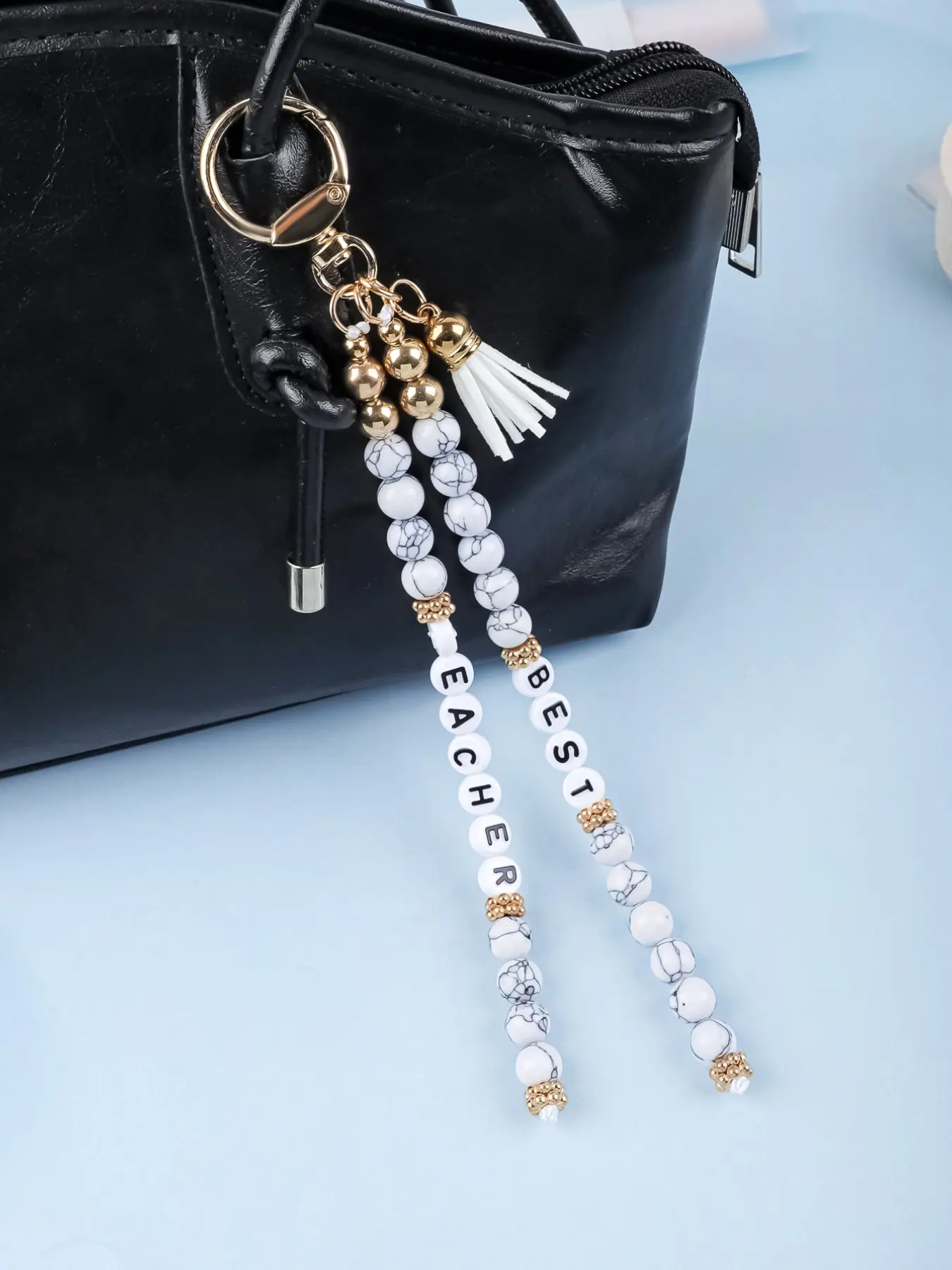 Natural Stone Beaded Keychain, Best Teacher Letter Key Ring with Accents & Tassel, Western Style Bag Pendant for Teachers