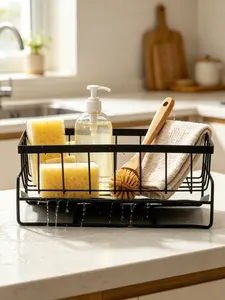 Sink Caddy Kitchen Organizer, Rustproof Black Steel Countertop Storage Rack with Auto Drain Tray, Space-Saving Holder for Sponges, Brushes, Soap Dispensers and Towels, Durable and Easy to Clean