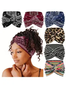 Boho Leopard & Paisley Print Hairbands Set, 6 Pcs Fashion Cross Sport Headbands, Women Yoga Running Cotton Accessories, Headband Head Wrap