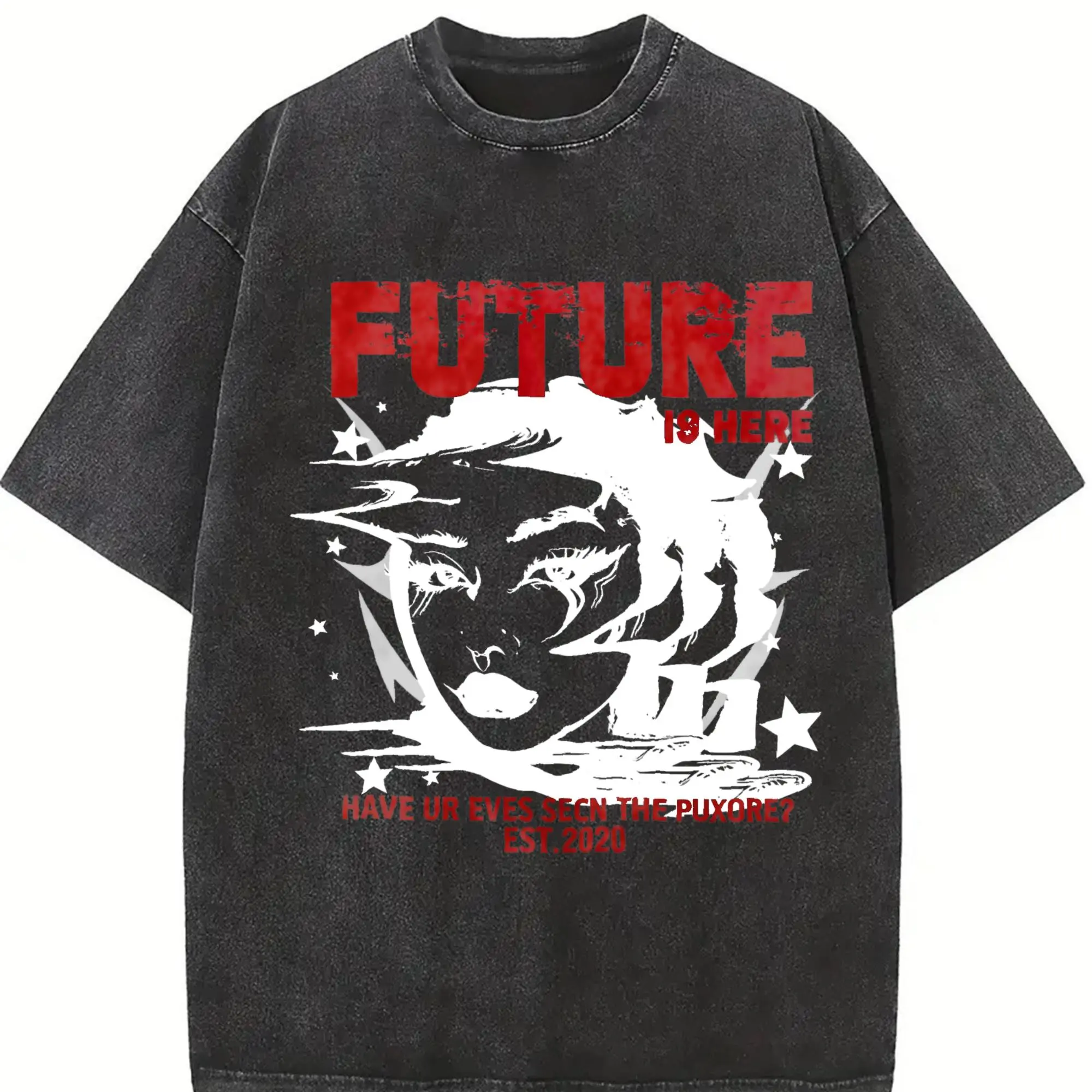 Men's "Future Is Here" Portrait Graphic Oversized T-Shirt, Streetwear Hip Hop Style White Tee, Casual Loose Fit Cotton T-Shirt