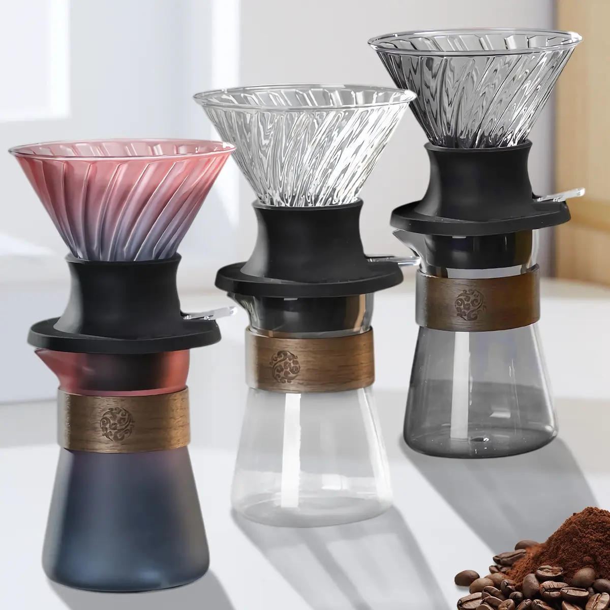 Pour over Coffee Maker with Push Switch, 17oz Borosilicate Glass Carafe, V60 Paper Filter, Reusable Drip Coffee Brewer for Home & Outdoor Use