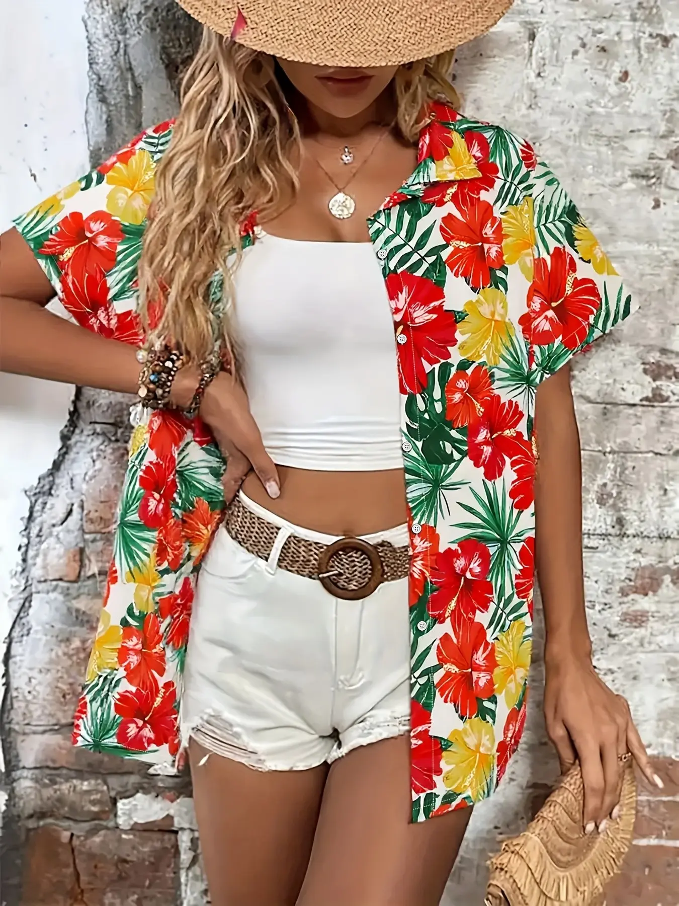 Women's Hawaiian Tropical Print Short Sleeve Button Shirt Blouse, Lightweight Summer Casual Top, Bright Floral Pattern, Beach Vacation Wear, Boho, Bohemian