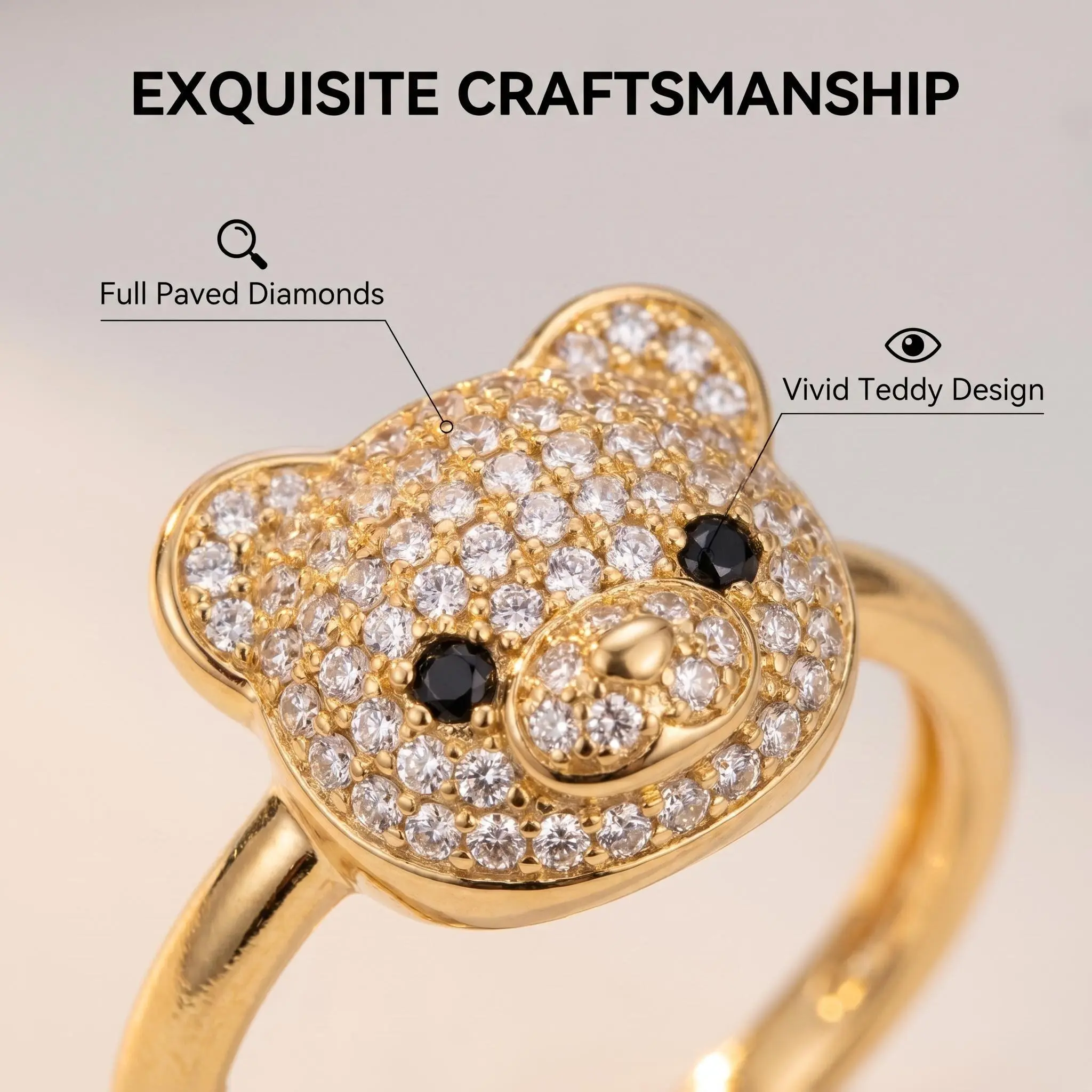 Whimsical Kawaii Sparkly Bear Face Adjustable Open Band Ring - Gold Plated, Paved Cubic Zirconia, Gift-Ready Costume Jewelry Statement Accessory, Kawaii Rings