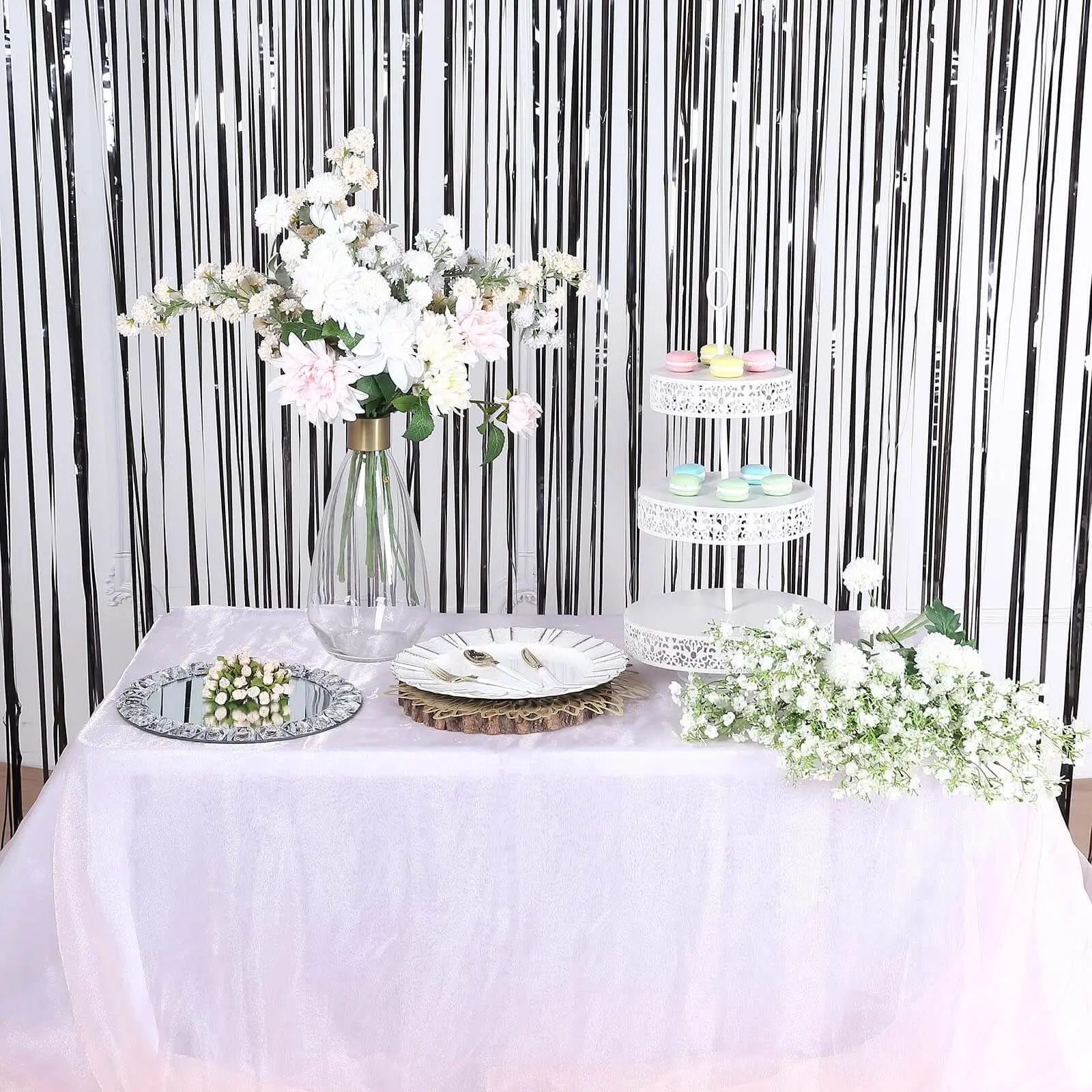 8ft Black Metallic Tinsel Foil Fringe Doorway Curtain - Party Backdrop Banner with Adhesive Sticker on the Back, Party Decorations for Weddings
