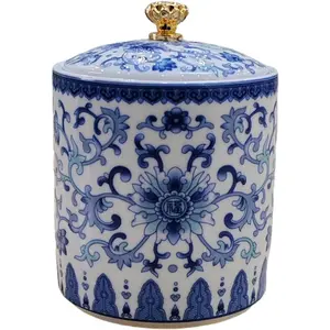Small Vintage Blue and White Porcelain Salt Cellar with Lid Ceramic Airtight Salt Holder Spice Jar for Kitchen Countertop Storage