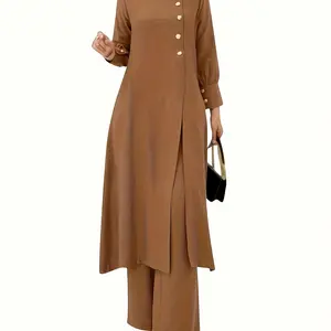 Elegant Black Polyester Two-Piece Set with Lantern Sleeves and Decorative Buttons - Comfortable Loose-Fit Top & Wide-Leg Pants, Machine Washable for All Seasons