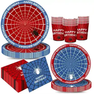 This red and blue mesh 80pcs disposable tableware set includes 20 cake plates, 20 dessert plates, 20 paper cups, and 20 napkins. This convenient disposable tableware is perfect for camping, picnics, garden barbecues, weddings, and birthday parties.