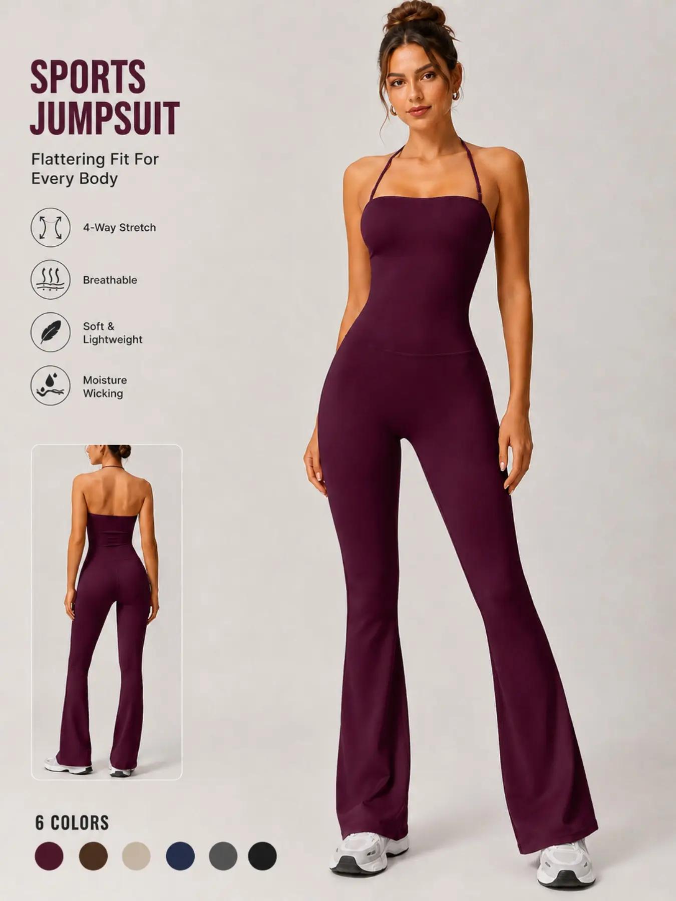 Women's Sports Jumpsuit, Sleeveless Yoga Jumpsuits, Stretchy Jumpsuit, Solid Color Halter Neck Cami One Piece Comfortable Breathable High Waist Wide Leg High Stretch Shaping Yoga Outfit Gym Training Outdoor Sports Moisture Wicking Daily Travel Jumpsui