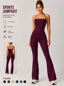Women's Sports Jumpsuit Solid Color Sleeveless Halter Neck Cami One Piece Soft Comfortable Breathable High Waist Wide Leg High Stretch Shaping Yoga Outfit Gym Training Outdoor Sports Moisture Wicking Daily Travel Outing Casual Versatile Jumpsui