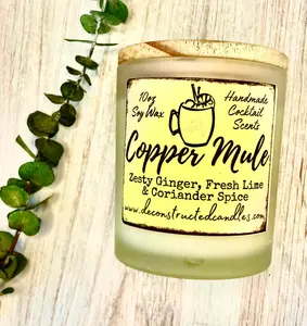 10oz SOY Candle - Copper Mule Scent - Wood Wick - clear frosted glass with wood lid