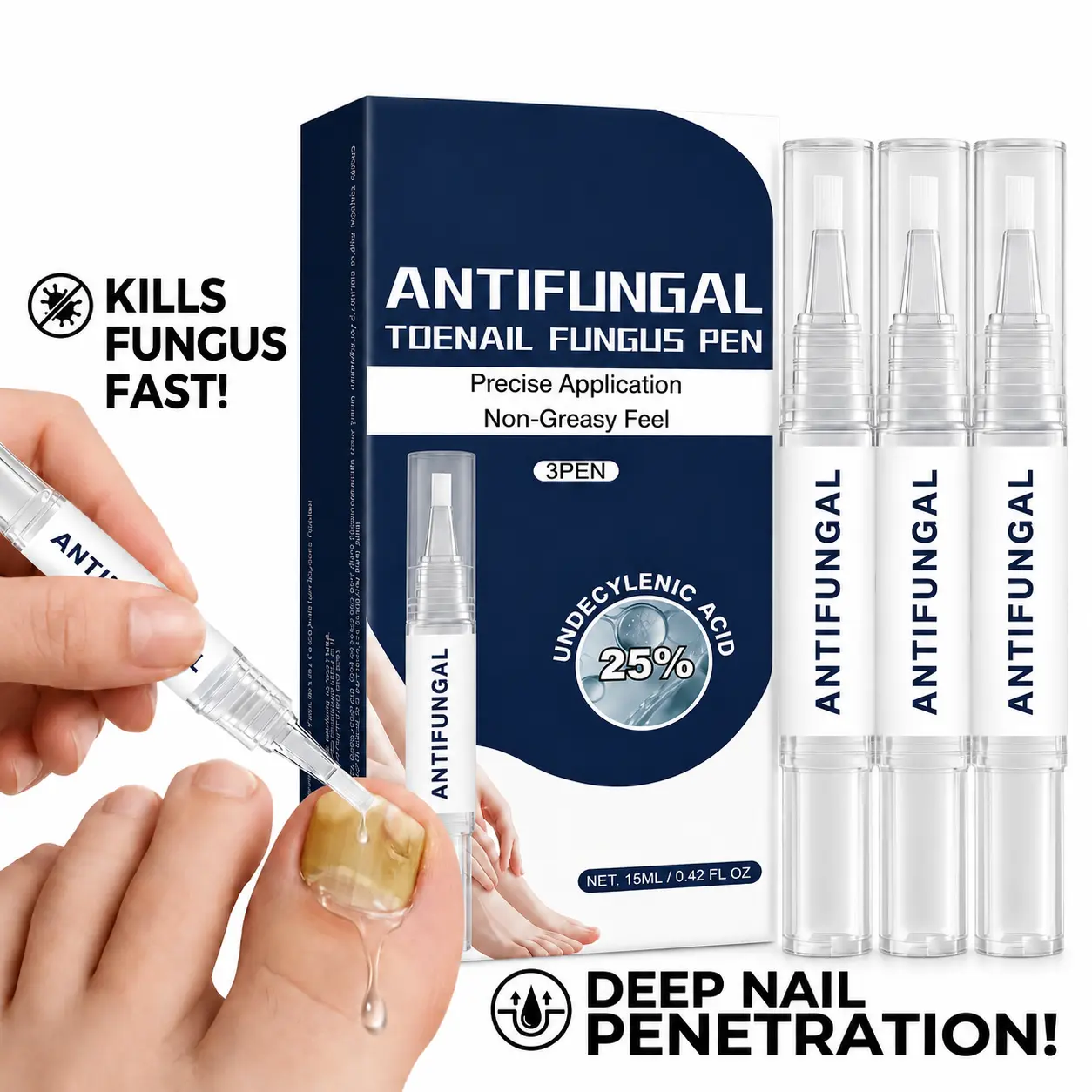 3-Pack Antifungal Toenail Fungus Pen with 25% Undecylenic Acid, Fast-Absorbing Care for Toenails and Fingernails, Botanical Nail Care Solution for Damaged-Looking Nails