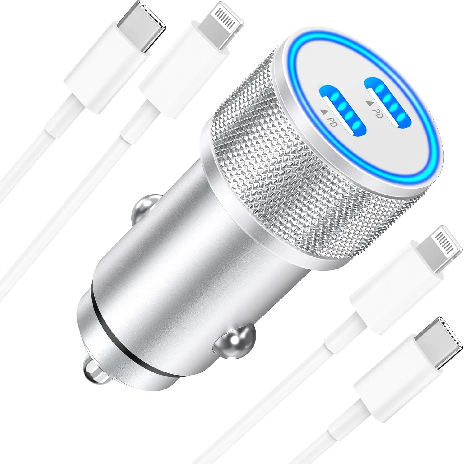 [Apple MFi Certified] iPhone Car Charger,  60W Dual PD USB-C Poewr Cigarette Lighter USB-C Car Carplay Fast Charger + 2Pack Type-C to Lightning Cable for iPhone 14 13 12 11 Pro XS XR X SE iPad