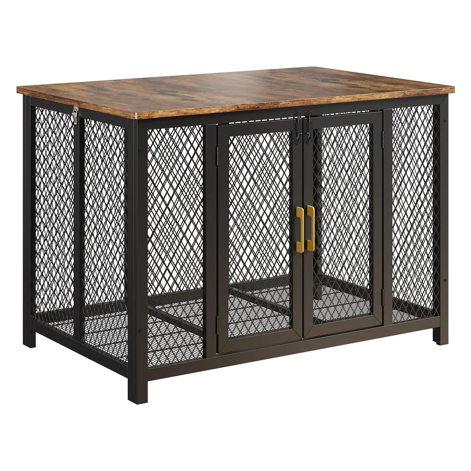Garvee Dog Kennel with 2 doors, side table with metal grate, chew-resistant, indoor kennel, with wooden flip lid, for small and medium dogs (116 x 84 x 75 cm)