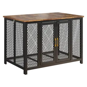 Garvee Dog Kennel with 2 doors, side table with metal grate, chew-resistant, indoor kennel, with wooden flip lid, for small and medium dogs (116 x 84 x 75 cm)