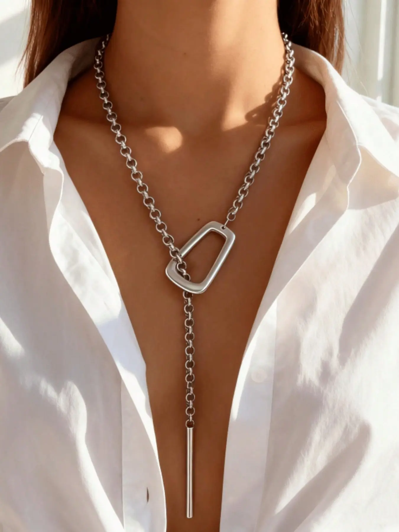 1 pc Long Silver Large Pendant, Women's Thick Silver Y-Shaped Necklace, Chunky Chain Necklace, Unique Thick Copper Adjustable Scarf-Style Necklace, Elegant Collarbone Necklace, Casual Style Necklaces, Chunky Chain Jewelry, Casual Trendy Jewelry
