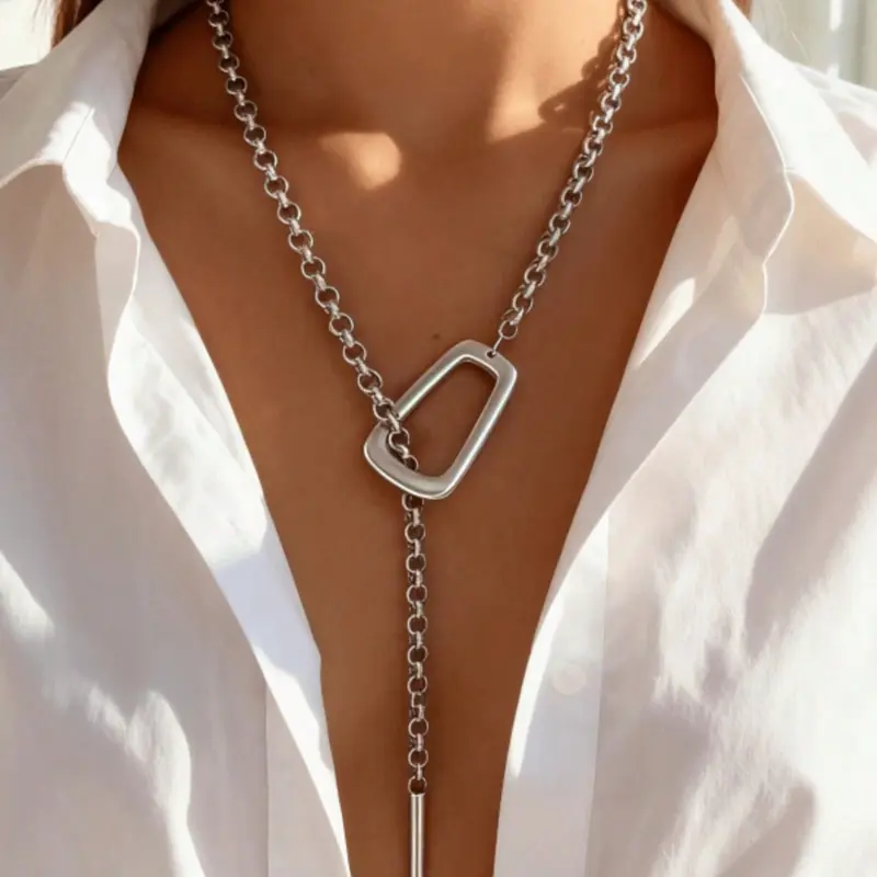 1 pc Long Silver Large Pendant, Women's Thick Silver Y-Shaped Necklace, Chunky Chain Necklace, Unique Thick Copper Adjustable Scarf-Style Necklace, Elegant Collarbone Necklace, Casual Style Necklaces, Chunky Chain Jewelry, Casual Trendy Jewelry