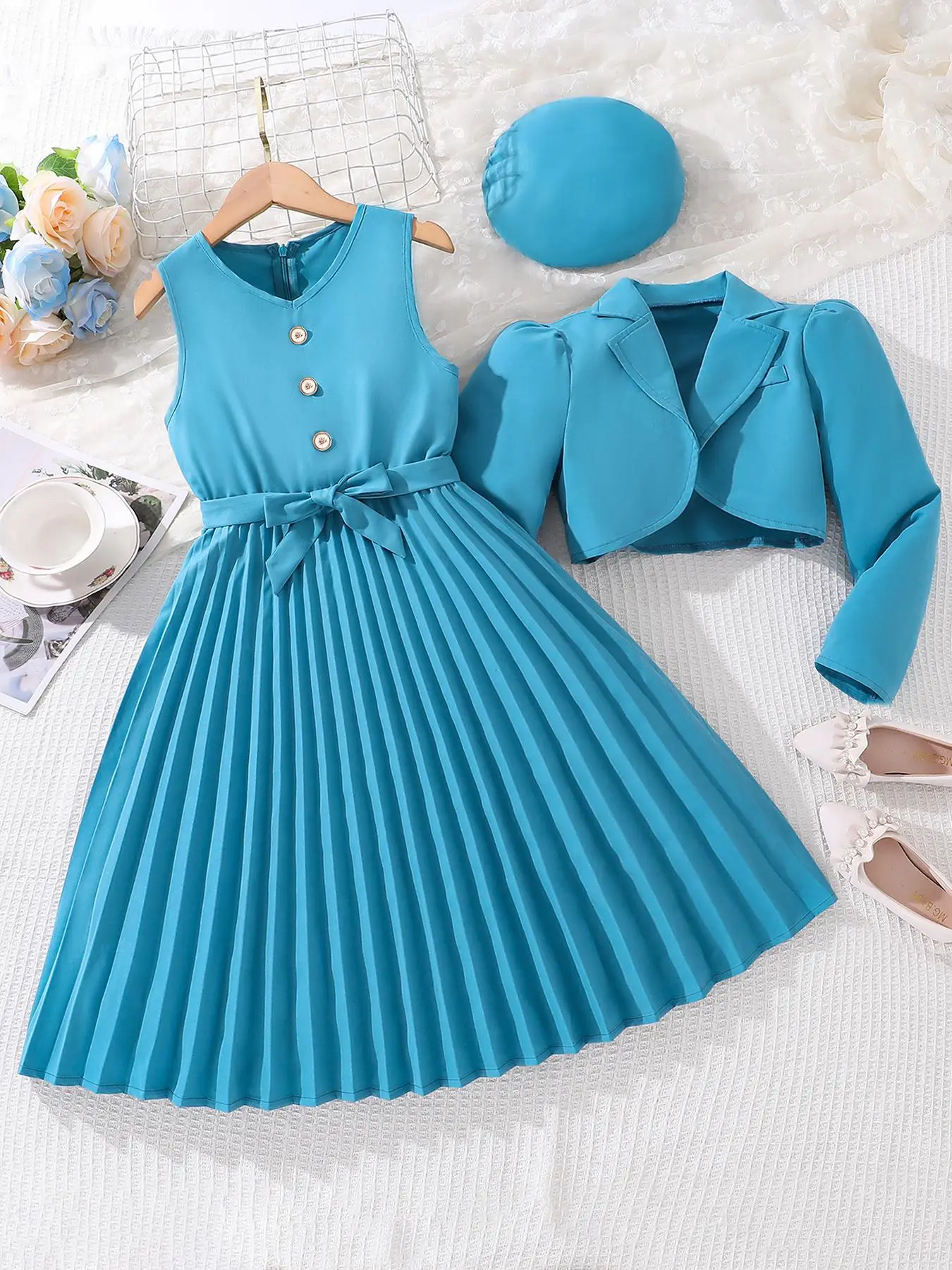 Two-piece Set Girl's Solid Color Blazer & Button Front Pleated Dress & Hat Set, Elegant Lapel Neck Long Sleeve Outerwear & Sleeveless A Line Dress, Ki