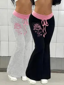Women's 2 Piece Knit Set Colorblock Print Flare Pants and Top Casual Punk Style Long Trousers Outfit Spring Fall, Basic, Comfort, Versatile, Wear, Essential, Trendy, Chic, Elegant, Classy, Modern, Stylish
