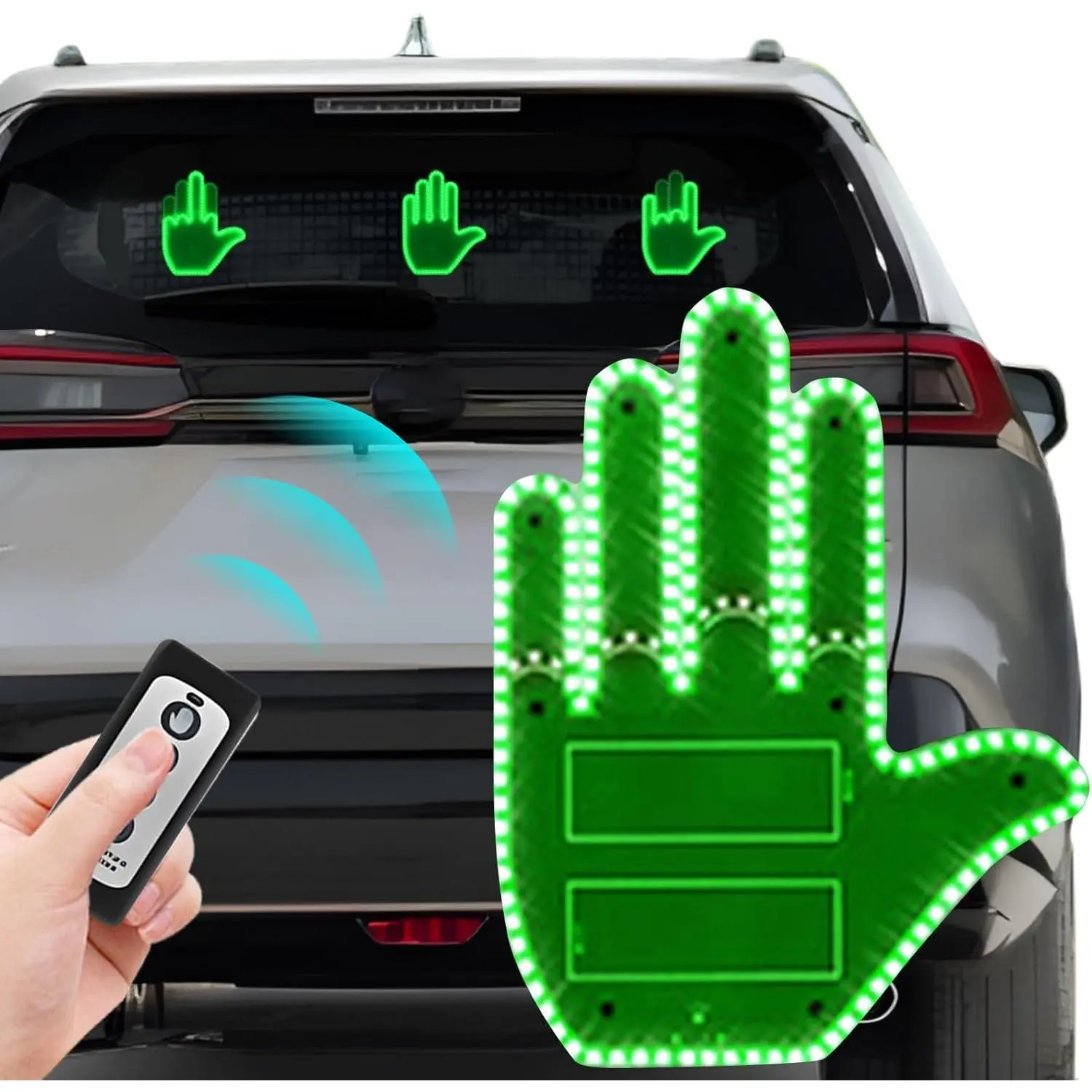 3 in 1 Glogesture Hand Light for , Middle Finger  Light, Road Rage Led Sign for  Window,Road Mate Hand Led Gesture for , Light Up Hand with Remote, Funny  Accessories (Green)