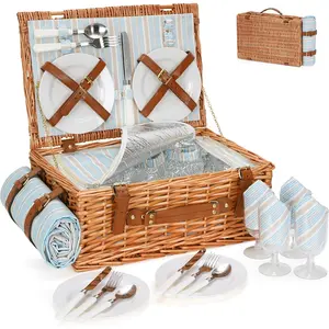 Wicker Picnic Basket Set for 4 Persons | Large Willow Hamper with Large Insulated Cooler Compartment,  Blanket and Cutlery Service Kit-Classical Brown