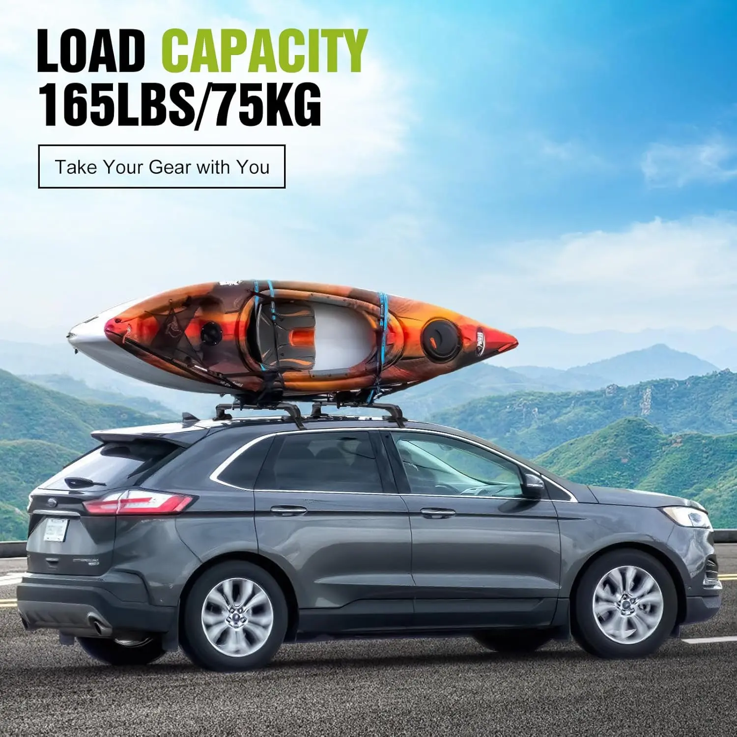 43-Inch Aerodynamic Aluminum 2pcs Roof Rack Cross Bars with Curved Wind-Reduction Ends, Lockable Mount (165lb Capacity), 4 Base Brackets, 4 Stainless Steel Braces, 2 Hook Sets with Rubber Pads, Easy Install for Most Rain Groove Cars, 2 Keys