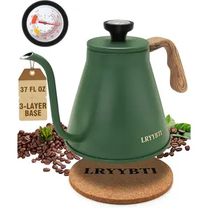 Gooseneck Stovetop Kettle with Thermometer, Durable 3-Layer Base, Pour Over Stainless Steel Tea Kettle Compatible with All Stove Tops, Green, 37 fl oz