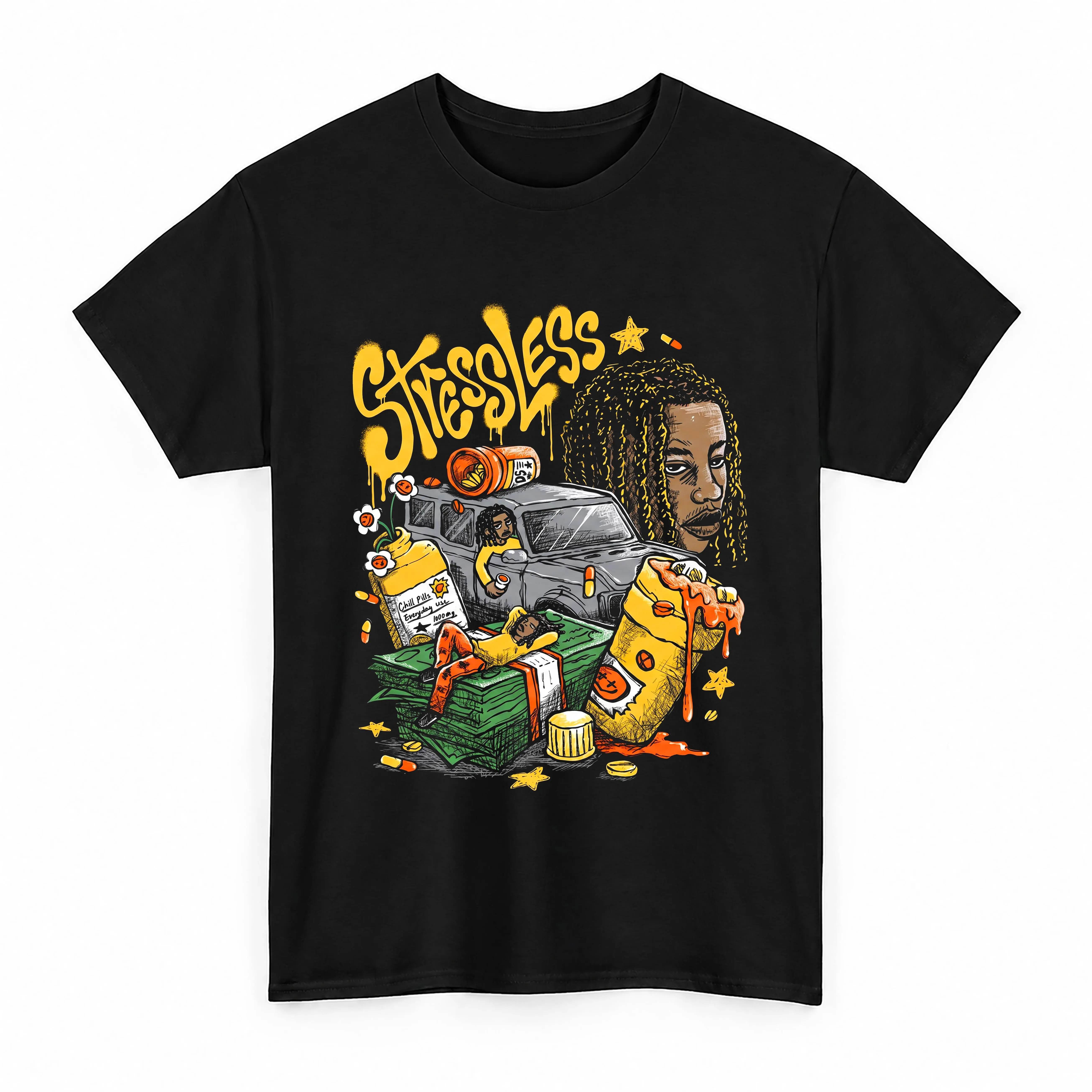 Aesthetic Streetwear Tee Stressless Mustard Yellow Graphic Shirt Sneaker Matching Cotton Crewneck T-Shirt